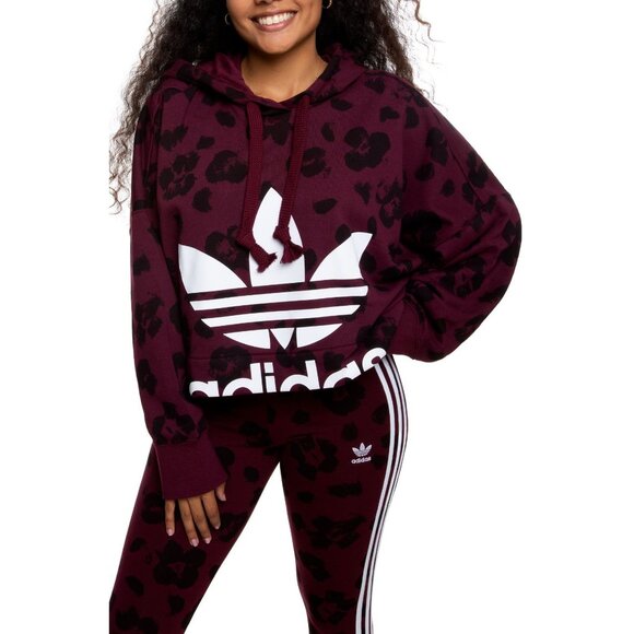 Adidas Originals Bellista Women's Cropped Burgundy Leopard Print Hoodie Small - Picture 2 of 10